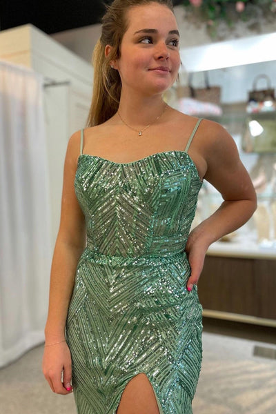 Sparkly Mermaid Sage Green Sequins Mermaid Prom Dress with Slit