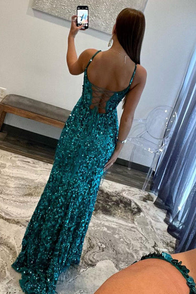 Charming Sparkly Sheath V Neck Peacock Sequins Long Prom Dresses with Beading