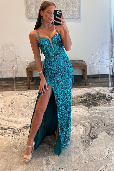 Charming Sparkly Sheath V Neck Peacock Sequins Long Prom Dresses with Beading