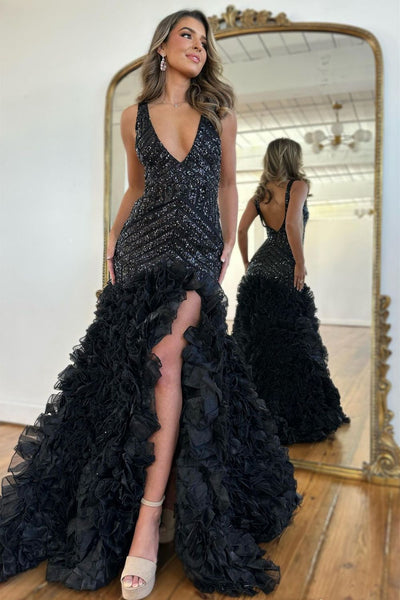 Charming Mermaid V Neck Black Sequins Ruffled Tulle Prom Dresses