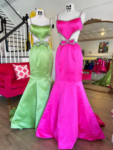 Cute Mermaid Scoop Neck Fuchsia Satin Beaded Prom Dresses With Bow