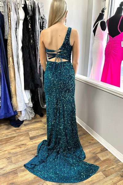 Chic Sparkly One-Shoulder Turquoise Sequin Keyhole Prom Dresses with Slit