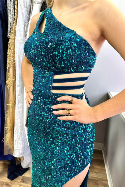 Chic Sparkly One-Shoulder Turquoise Sequin Keyhole Prom Dresses with Slit