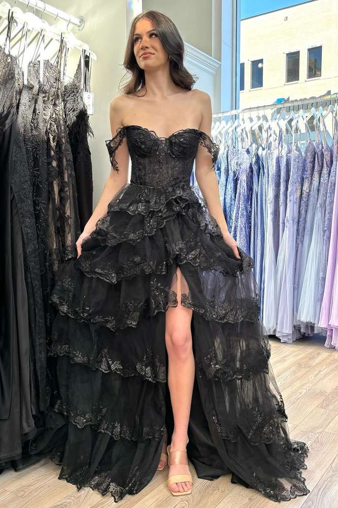 Cute A Line Off the Shoulder Black Tulle Lace Appliques Tiered Prom Dresses