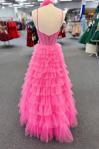 Cute V Neck Pink Tiered Tulle Long Prom Dresses with Beading