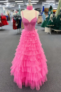 Cute V Neck Pink Tiered Tulle Long Prom Dresses with Beading