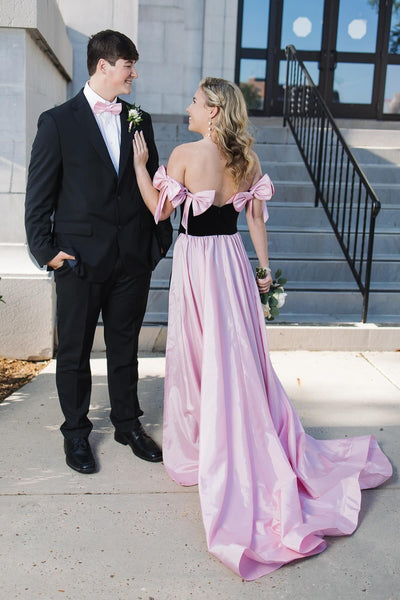 Cute Mermaid Strapless Black Satin Long Prom Dress with Pink Bows