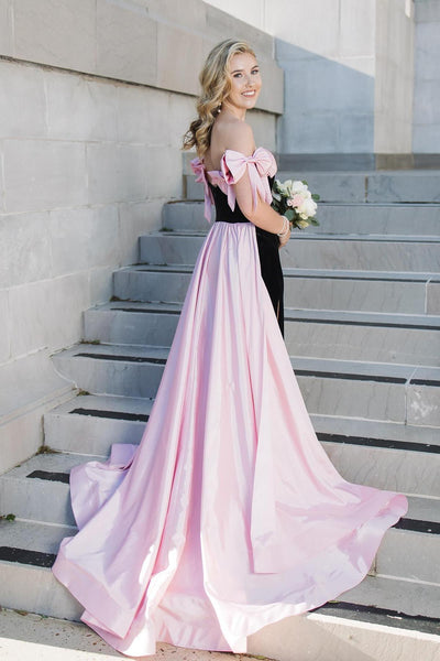 Cute Mermaid Strapless Black Satin Long Prom Dress with Pink Bows