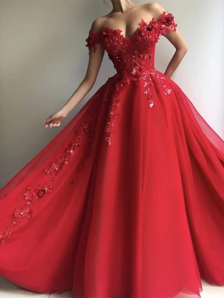 A Line Off Shoulder Tulle Red Long Prom Dresses with Appliques Sequins, Red Lace Formal Dresses, Ball Gown VK0118023