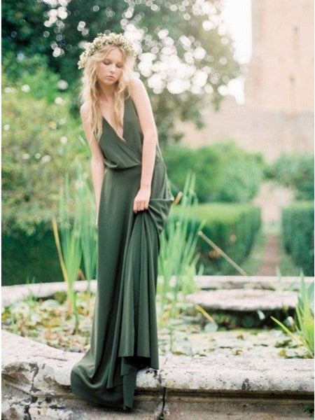 A-Line Spaghetti Straps Backless Sweep Train Dark Green Chiffon Bridesmaid Dress Under 100 VK0101029