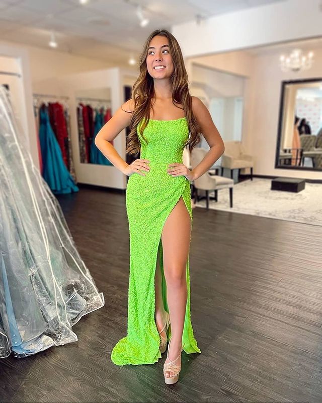 Stunning Mermaid Fluorescent Green Sequins Prom Dresses with Slit VK22041301