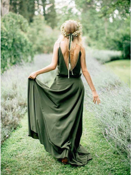 A-Line Spaghetti Straps Backless Sweep Train Dark Green Chiffon Bridesmaid Dress Under 100 VK0101029