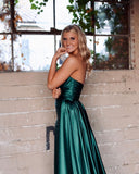 Charming Mermaid Sweetheart Dark Green Silk Satin Long Prom Dresses with Slit VK23011701