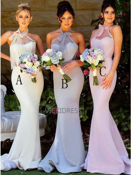 Free Shipping Mermaid Halter Sweep Train Pink Bridesmaid Dress with Lace VK0101024