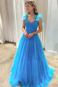 Blue Sweetheart Tie Straps Tulle A-Line Long Prom Dress VK23120702