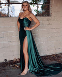 Charming Mermaid Sweetheart Dark Green Silk Satin Long Prom Dresses with Slit VK23011701