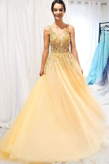 A Line Yellow V Neck Beading Tulle Prom Dresses Spaghetti Straps Long Cheap Formal Dress VK0203008