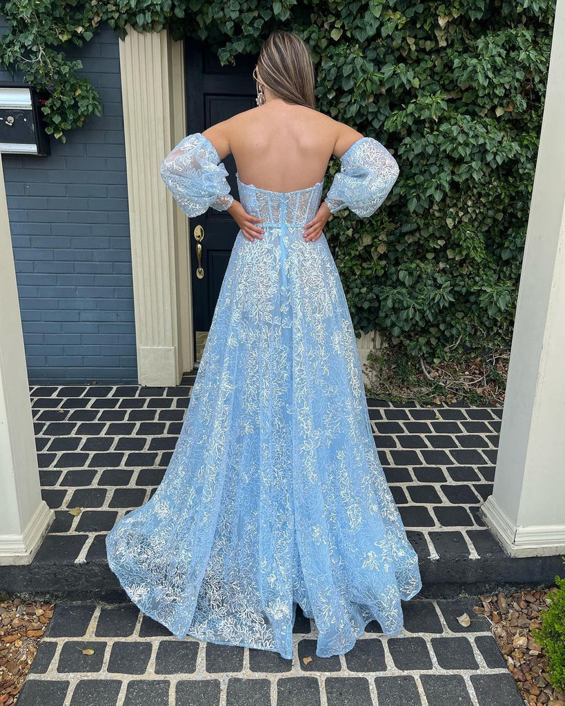 Cute A Line Sweetheart Light Blue Sequins Lace Prom Dresses with