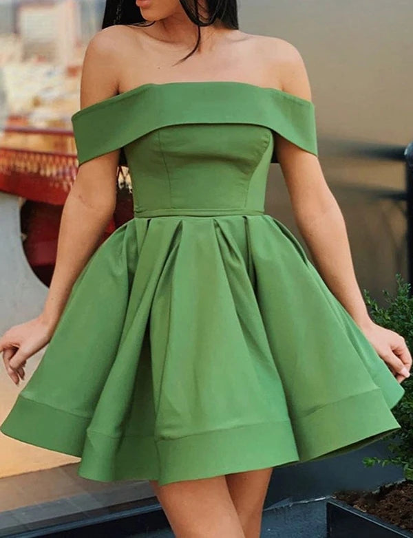 A-Line Off the Shoulder Green Satin Short Homecoming Dresses VK0303004