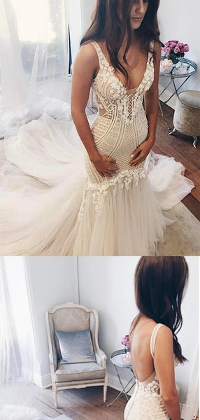 Free Shipping Charming Elegant Mermaid Zipper Back Lace Tulle Long V Neck Modest Wedding Dresses With Appliques VK0401011