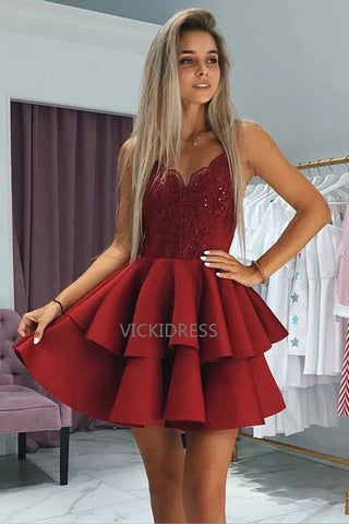 A-Line Burgundy Ruffle Tiered Satin Short Homecoming Dress with Appliques VK0101011