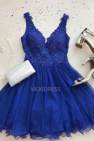 A Line V Neck Royal Blue Chiffon Short Homecoming Dresses with Appliques VK0101024