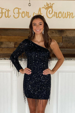 Bodycon One Sleeve Sequins Black Short Homecoming Dresses VK081303