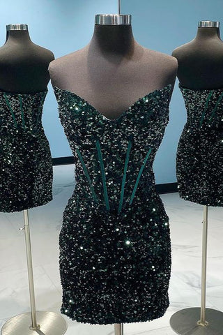 Bodycon Strapless Dark Green Sequins Short Homecoming Dresses VK082201