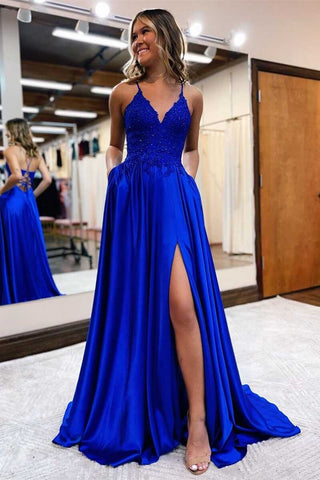 Cute A Line V Neck Royal Blue Satin Long Pockets Prom Dresses with Slit VK112601-1