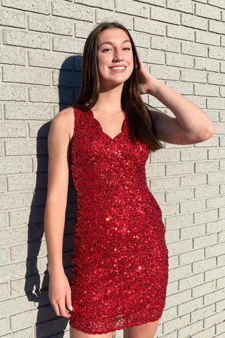 Cute Bodycon V Neck Red Sequins Short Homecoming Dresses VK0709001