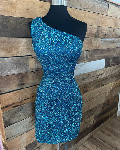 One Shoulder Blue Sequins Short Homecoming Dresses with Cross Back VK081305