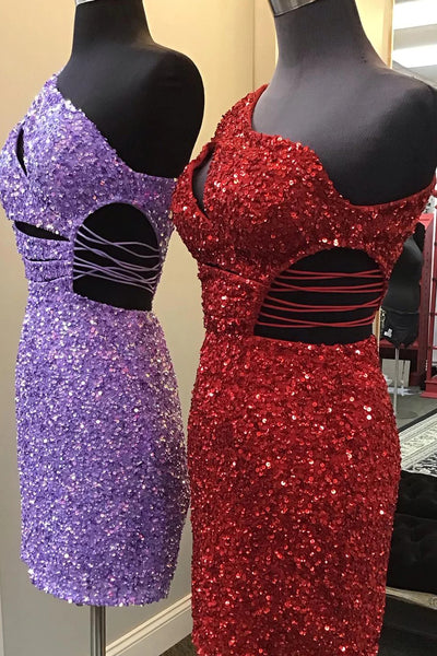 Sparkly Purple One Shoulder Cut Out Sequins Tight Short Homecoming Dress VK23091907