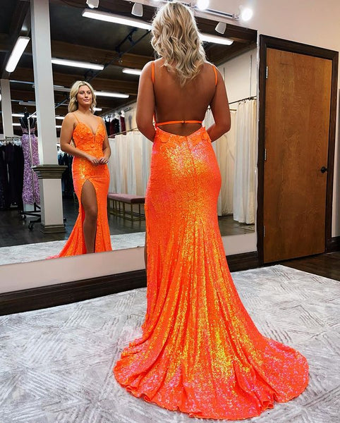 Stunning Sparkly Mermaid V Neck Orange Sequins Prom Dresses with Appliques VK34980331-3