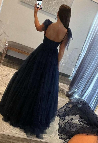 Blue Sweetheart Tie Straps Tulle A-Line Long Prom Dress VK23120702