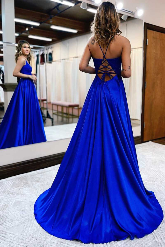 Cute A Line V Neck Royal Blue Satin Long Prom Dresses with Slit VK112601 –  Vickidress