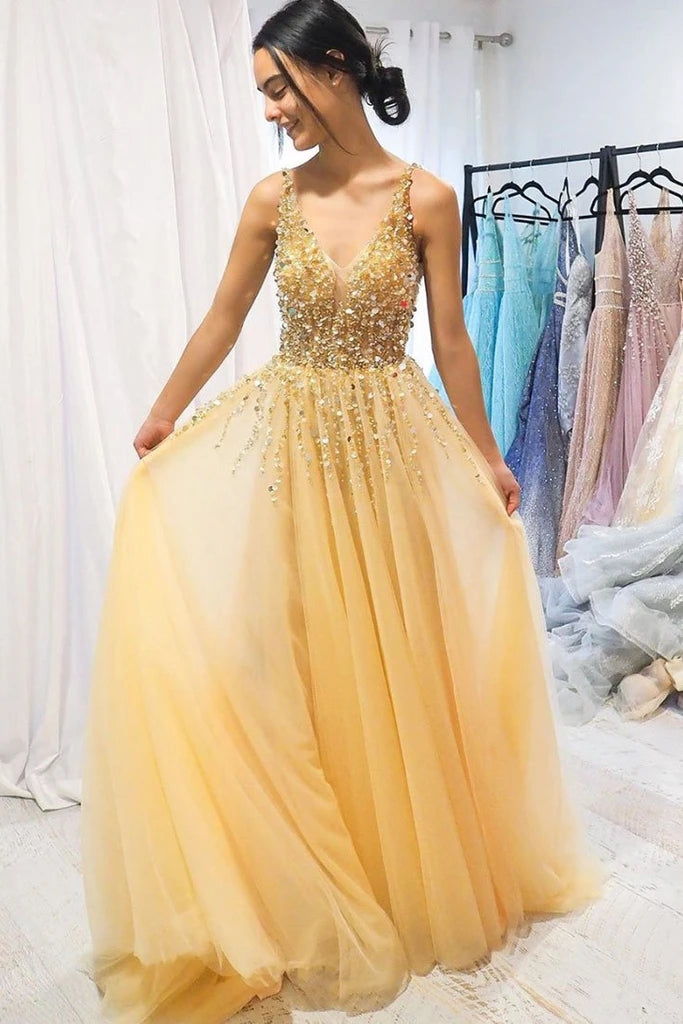 A Line Yellow V Neck Beading Tulle Prom Dresses Spaghetti Straps Long Cheap Formal Dress VK0203008